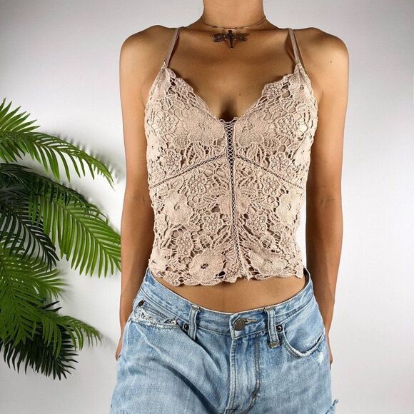Vintage Beige Floral Crochet Cottagecore Boho Cropped Coquette Lace Tank Top / S - Picture 3 of 6